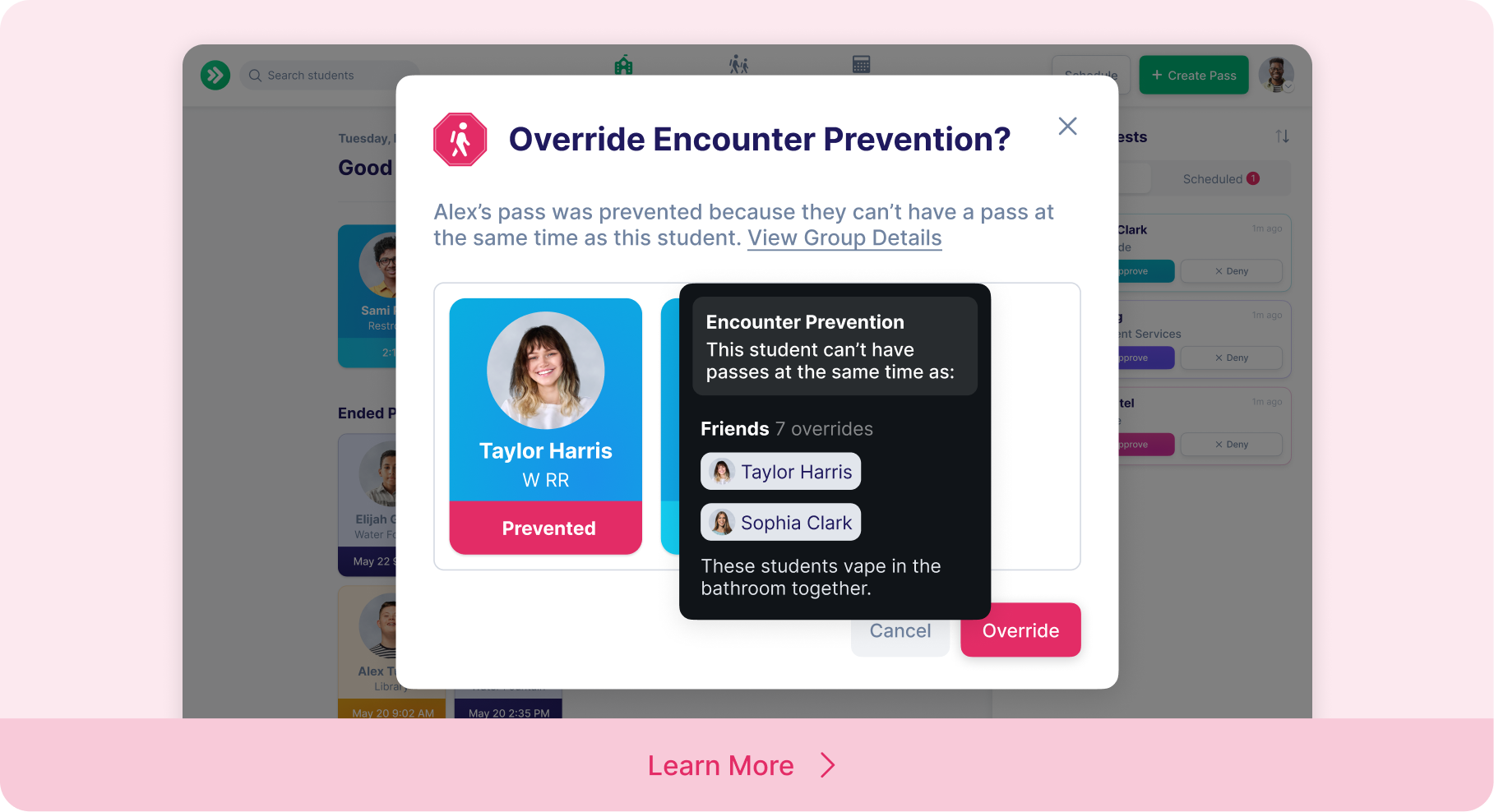 in-app view of encounter prevention override pop-up